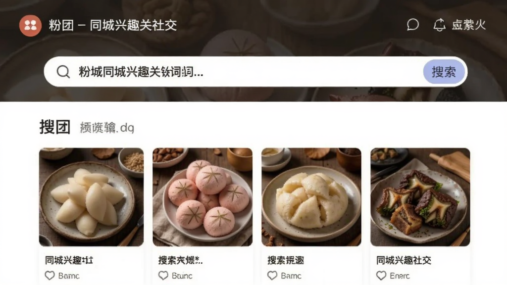 粉团-同城兴趣社交 搜索框输入同城兴趣关键词 展示搜索结果页面