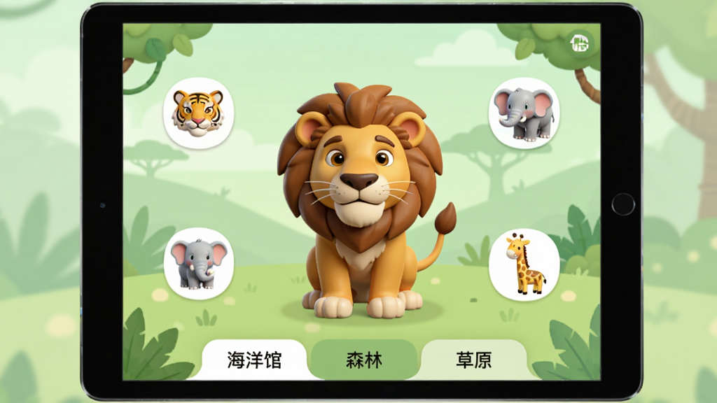 一张展示好奇动物HD软件界面的平板电脑效果图,屏幕中央是一只逼真的3D卡通狮子模型,周围环绕着老虎、大象、长颈鹿等动物的小图标,界面底部有“海洋馆”“森林”“草原”等分类标签,背景是柔和的浅绿色自然场景,整体风格清新童趣,画质干净清晰,无多余元素