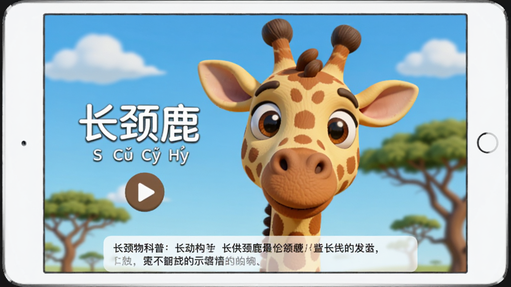 好奇动物HD软件中一只3D卡通长颈鹿模型的特写界面,长颈鹿旁边有“长颈鹿”三个字和拼音标注,下方有一个播放按钮和一段科普文字框,背景是蓝天白云和稀疏的树木,平板电脑横屏展示,界面排版简洁,风格卡通可爱,画质干净