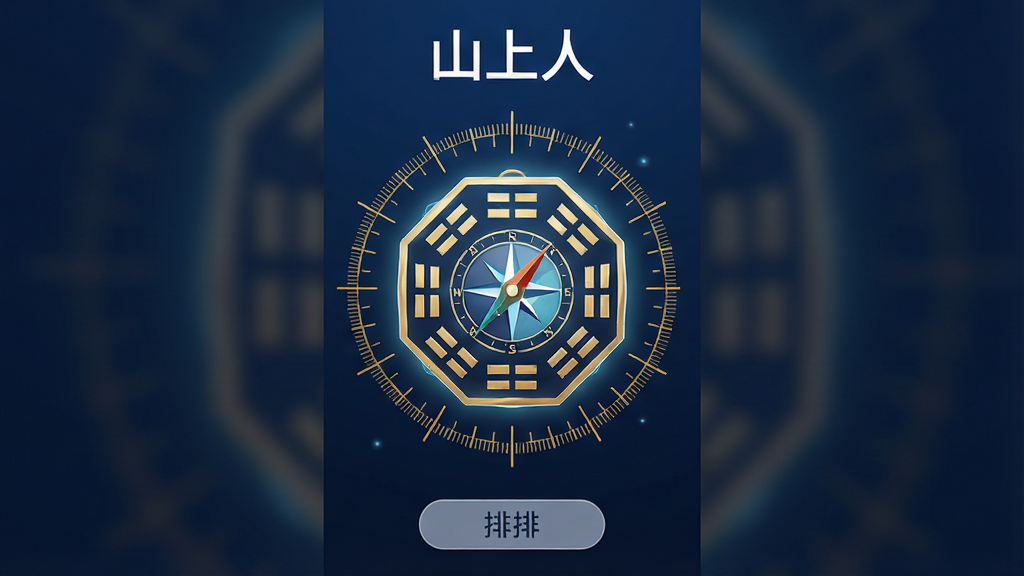 手机应用界面展示,深蓝色背景,中央悬浮一块发光的罗盘与八卦阵图,周围环绕细密的金色刻度线,画面干净简洁,顶部用白色字体写着“山上人”,底部有排盘按钮,整体风格神秘且现代,画质清晰,无多余元素