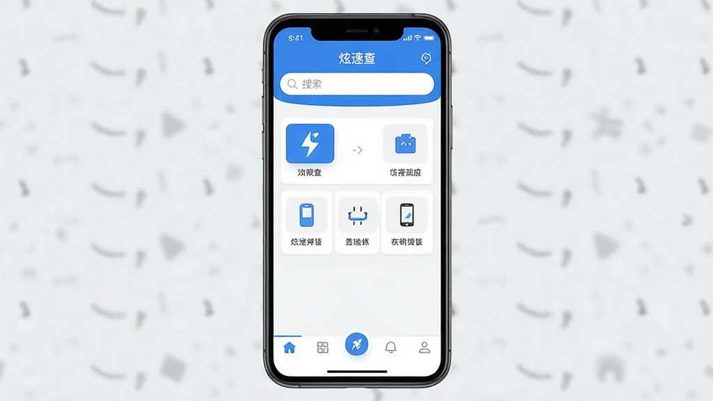 一张手机应用主界面展示图,画面中央是手机屏幕,屏幕内显示“炫速查”应用主界面,顶部有搜索框,中间是简洁的功能入口图标,底部为导航栏,整体布局清晰,风格现代扁平,蓝白配色,细节干净,画质清晰,无多余元素