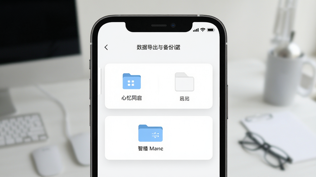 心忆同启应用的数据导出与备份设置界面,画面展示手机屏幕上的导出选项和文件管理图标,布局为居中卡片式,风格简约实用,细节清晰,画质干净无杂乱元素