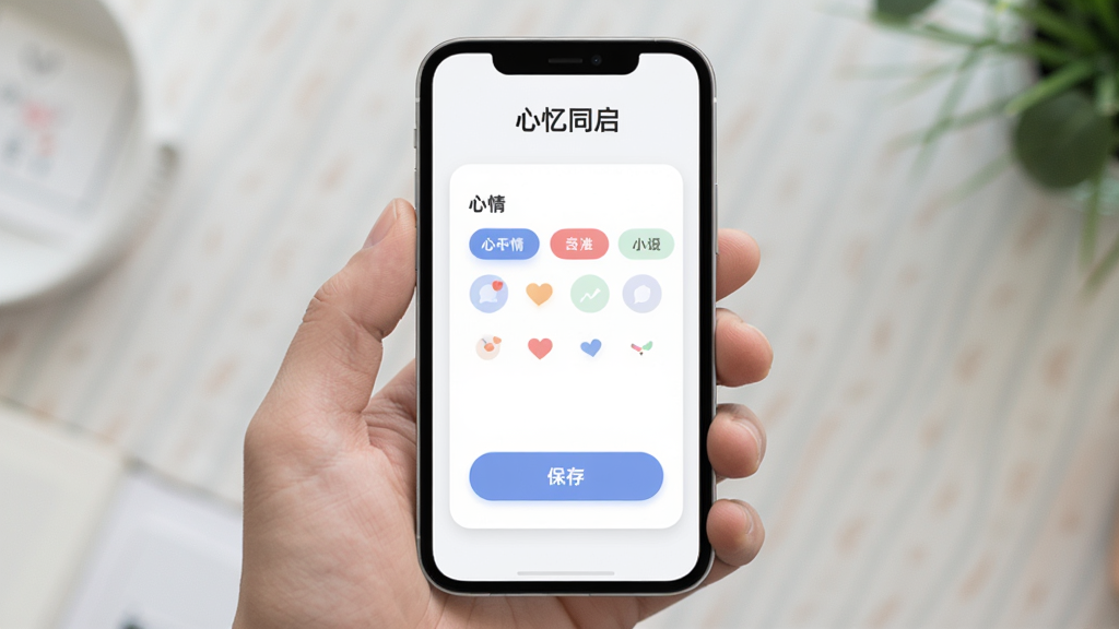 手机屏幕展示心忆同启应用主界面,画面中央是简洁的白色卡片式记录页面,顶部有“心忆同启”文字标识,页面中间是心情标签选择区域,下方有保存按钮,整体布局干净清爽,风格为现代扁平化设计,细节圆润,画质清晰无多余元素