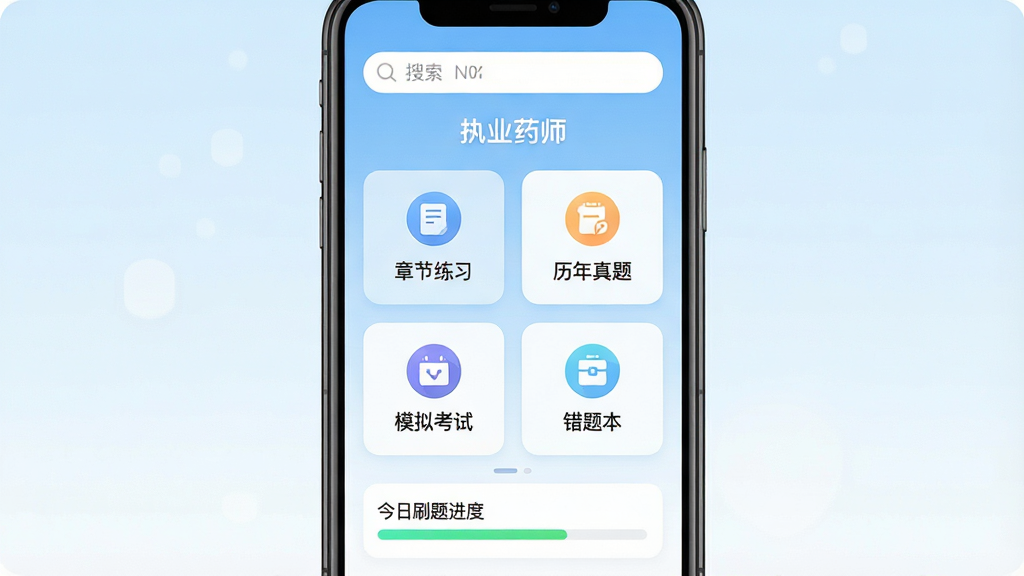 �ֻ���Ļ������չʾ��ִҵҩʦˢ��⡱APP�����棬������������͡�ִҵҩʦ���������м������������½���ϰ���������⡢ģ�⿼�ԡ����Ȿ�ĸ����ܿ�Ƭ����Ƭ�·���ʾ����ˢ�������������Ϊǳ�����ɫ���䣬���岼�ּ��Գƣ���ƽ��UI���ͼ��Բ�����������ʸɾ��������޶���װ��Ԫ��