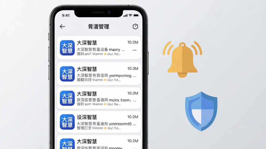 一张展示“大深智慧”消息提醒与设备管理界面的图片,画面中手机屏幕显示多条设备告警通知列表,每条通知带有时间戳和“大深智慧”应用图标,手机旁边有一个铃铛图标和盾牌图标作为装饰,背景为浅灰色渐变,风格扁平化现代设计,细节清晰,画质干净无多余元素