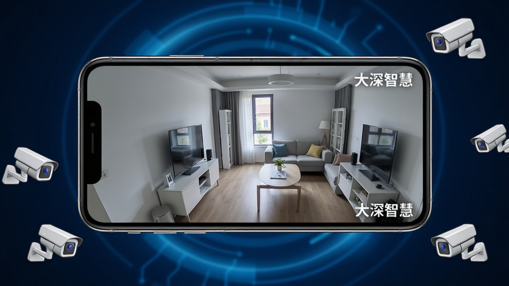 一张展示“大深智慧”实时预览功能的图片,画面中一部手机横屏显示监控画面,屏幕中央是清晰的室内场景实时视频,画面角落有“大深智慧”水印标识,手机旁边散落着几个小型监控摄像头图标作为装饰元素,背景为深蓝色科技感光晕,风格写实且带有轻微未来感,细节锐利,画质干净无多余元素
