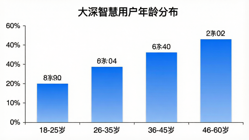 一张展示“大深智慧”用户年龄分布的柱状图,横轴标注年龄段“18-25岁”“26-35岁”“36-45岁”“46-60岁”,纵轴为人数占比百分比,柱体为蓝色渐变,图表标题为“大深智慧用户年龄分布”,背景为白色简洁风格,数据标签清晰可见,画质干净无多余元素