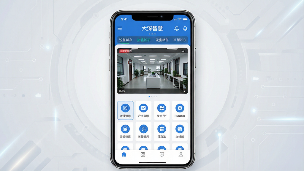 一张展示“大深智慧”手机应用主界面的图片,画面中央是一部现代智能手机,屏幕显示“大深智慧”APP的监控管理界面,界面以蓝白配色为主,顶部有设备状态栏,中间是实时画面预览窗口和功能图标网格,底部为导航栏,背景为浅灰色科技感渐变,风格简洁现代扁平化,细节清晰,画质干净无多余元素