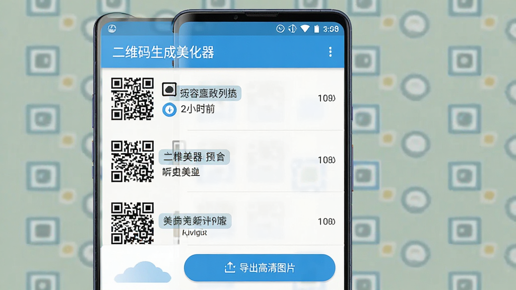 二维码生成美化器历史记录与导出界面图,主体为一部安卓手机,屏幕显示历史记录列表页面,每条记录左侧是二维码缩略图右侧是内容类型标签和时间,顶部标题栏写着“二维码生成美化器”,底部有导出高清图片的按钮,布局列表式排列整齐,风格简洁明快,细节清晰,画质干净无多余元素