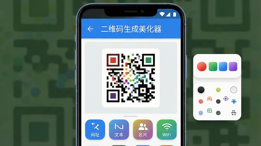 一张展示二维码生成美化器软件全貌的手机界面图,主体是一部居中摆放的安卓手机,屏幕内显示软件主界面,顶部是“二维码生成美化器”文字标题,中间是二维码编辑预览区域展示一个彩色圆点风格的二维码,下方排列着网址、文本、名片、WiFi等生成选项按钮,右侧悬浮着颜色和圆点样式的小工具栏,布局清晰分区明确,风格现代扁平化,细节圆润,画质干净无多余元素,整体色调以蓝白为主点缀少量渐变彩色
