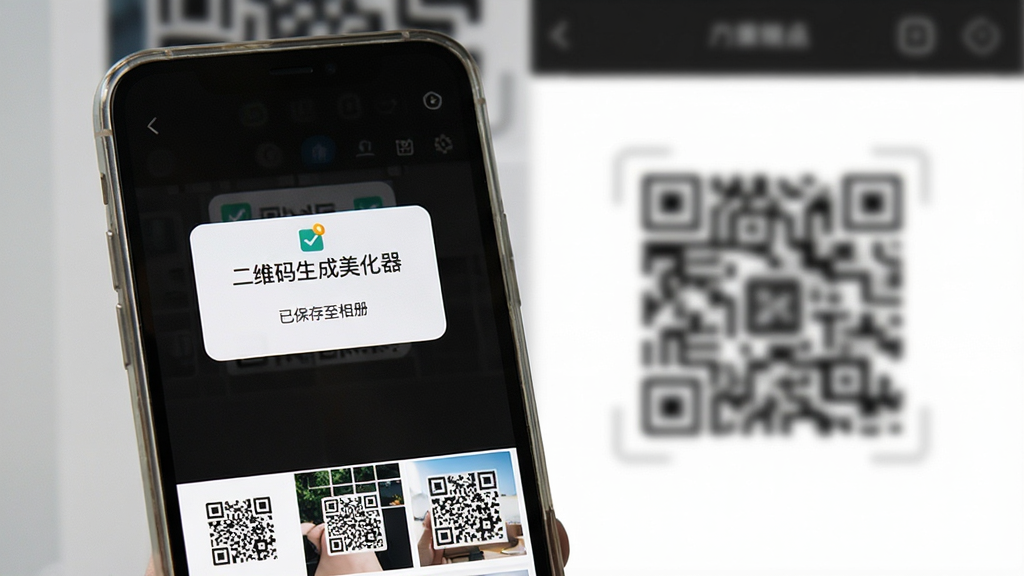 二维码生成美化器导出设置与相册保存示意图,画面主体是一部手机,屏幕显示导出成功提示弹窗和下方相册缩略图,弹窗内写着“二维码生成美化器”和“已保存至相册”字样,背景是虚化的二维码编辑界面,布局简洁聚焦,风格清爽,细节清晰,画质干净无多余元素