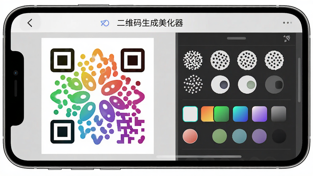 二维码生成美化器样式编辑界面展示图,画面主体是一部手机,屏幕显示二维码美化编辑页,左侧是二维码实时预览区展示一个带渐变色的花瓣状码点二维码,右侧是样式选择面板,排列着圆点形状图标和颜色选择色块,顶部有“二维码生成美化器”字样,布局左右分栏清晰,风格清爽现代,细节精致,画质干净无多余元素