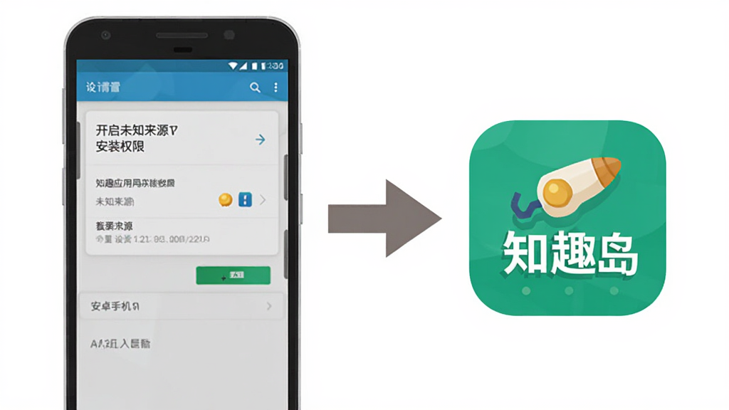 知趣岛应用安装在安卓手机上的操作示意图,画面展示手机屏幕从设置中开启未知来源安装权限的步骤,旁边有箭头指向安装成功的知趣岛图标,风格扁平化教程插画,色彩明快,布局清晰,画质干净,无多余元素