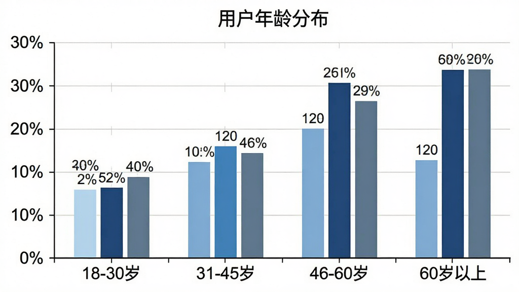 一张柱状图,展示“放大镜(万能)”用户年龄分布,横轴为年龄段“18-30岁”“31-45岁”“46-60岁”“60岁以上”,纵轴为用户占比百分比,柱状颜色分别为浅蓝、中蓝、深蓝、灰蓝,图表标题为“用户年龄分布”,布局居中,风格简洁数据可视化,细节包含清晰的刻度线、百分比标签,画质干净无多余元素