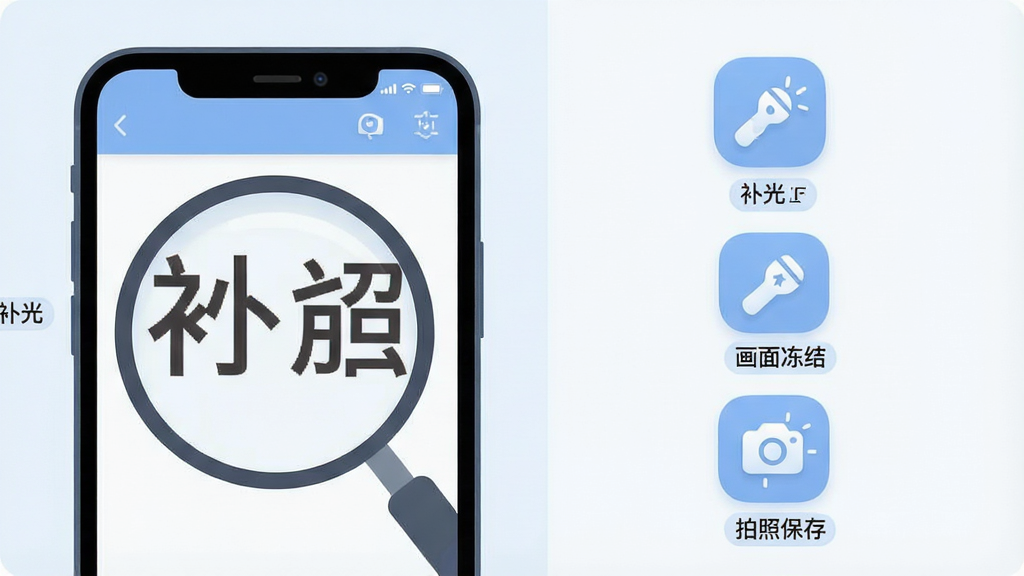 一张“放大镜(万能)”应用功能展示图,画面左侧为手机屏幕显示放大后的文字画面,右侧分列三个功能图标:手电筒补光、画面冻结、拍照保存,图标下方分别标注“补光”“冻结”“拍照”,布局为左右分区,风格扁平化设计,细节包含柔和的蓝色主色调、圆角图标、清晰的文字标签,画质干净整洁,无多余装饰