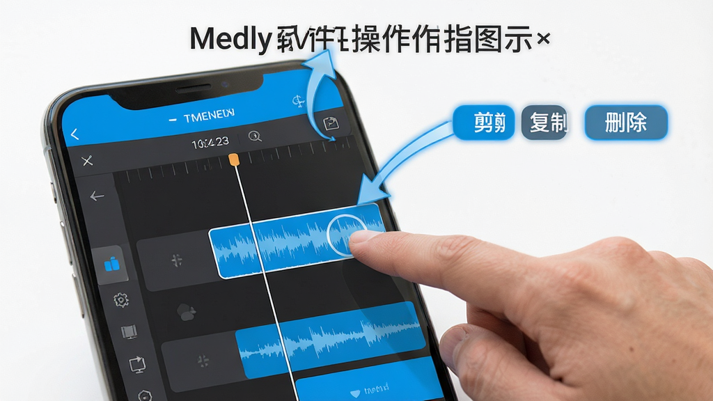 Medly软件操作指引示意图,画面中手机屏幕显示时间线编辑界面,一只手正点击轨道上的波形片段,旁边有箭头标注出剪辑、复制、删除等操作按钮位置,界面风格简洁直观,配色以深灰和亮蓝为主,画质清晰干净