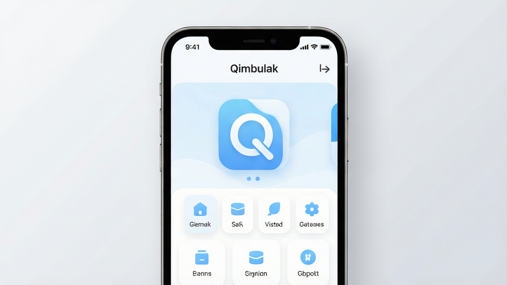 一张展示Qimbulak软件主界面的手机样机图,画面中央是Qimbulak应用图标与简洁清爽的首页布局,顶部显示软件名称“Qimbulak”,界面以白底配浅蓝点缀,功能入口排列整齐,背景为浅灰渐变,整体风格现代扁平,细节圆润,画质干净清晰,无多余元素