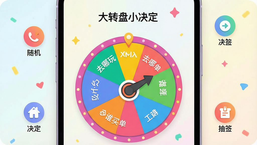 一张展示“大转盘小决定”应用主界面的手机截图风格图片,画面中央是一个色彩鲜艳的圆形转盘,转盘上写着“吃什么”“去哪玩”“谁买单”等选项文字,转盘指针指向其中一格,背景是简洁的浅色渐变,手机边框圆润,周围散落几个小图标代表“决定”“随机”“抽签”,整体风格轻松活泼,画质干净清晰,无多余元素