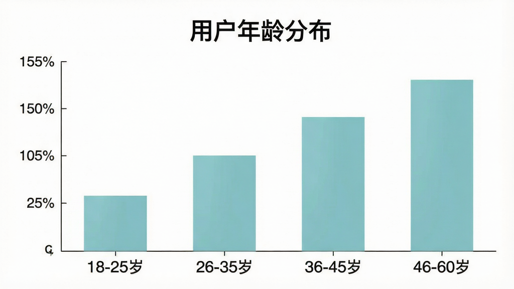 一张展示“大转盘小决定”用户年龄分布的柱状图图片,横轴为年龄段“18-25岁”“26-35岁”“36-45岁”“46-60岁”,纵轴为人数占比,柱状图颜色为柔和的蓝绿色调,图表上方有标题“用户年龄分布”,背景干净白色,风格简洁数据可视化,画质清晰无多余元素
