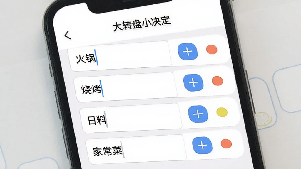 一张展示“大转盘小决定”选项编辑界面的手机截图风格图片,画面中是一个列表形式的选项输入框,几个输入框里分别写着“火锅”“烧烤”“日料”“家常菜”,旁边有添加按钮和颜色选择小圆点,背景干净简洁,手机界面布局清晰,风格现代扁平,画质干净无多余元素