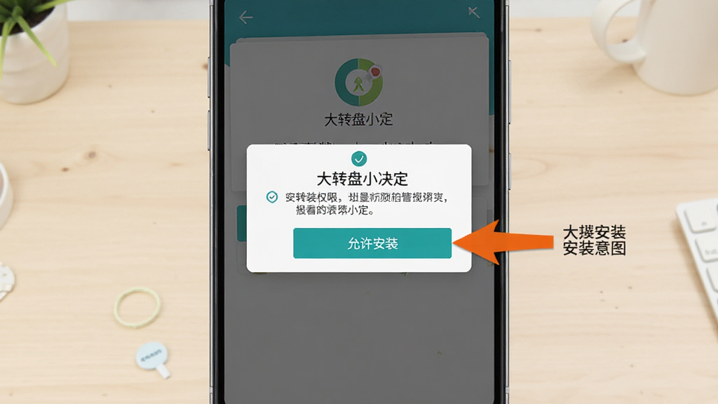 一张展示“大转盘小决定”在安卓手机上安装过程的示意图,画面中手机屏幕显示安装权限提示弹窗,旁边有箭头指向“允许安装”按钮,背景为浅色桌面环境,风格简洁清晰,画质干净,无多余元素