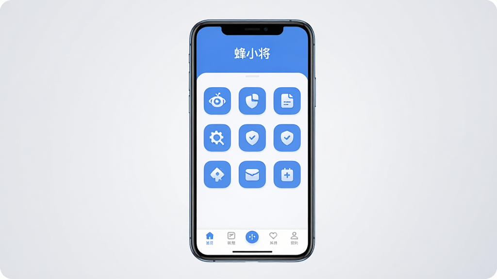 手机应用界面展示,画面中央是一部现代智能手机,屏幕上显示“蜂小将”应用的主页面,页面布局简洁,顶部有应用名称“蜂小将”,中部为功能图标网格,底部为导航栏,整体采用蓝白配色,扁平化设计风格,图标圆润清晰,背景为浅灰色渐变,画质干净明亮,无多余装饰元素