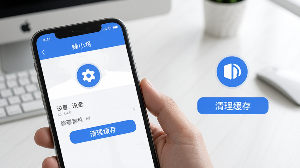 手机应用问题排查场景,画面中一只手拿着手机,屏幕显示“蜂小将”应用的设置界面,旁边有齿轮图标和清理缓存按钮的示意,背景为简洁的桌面环境,光线明亮,画质清晰干净,风格写实