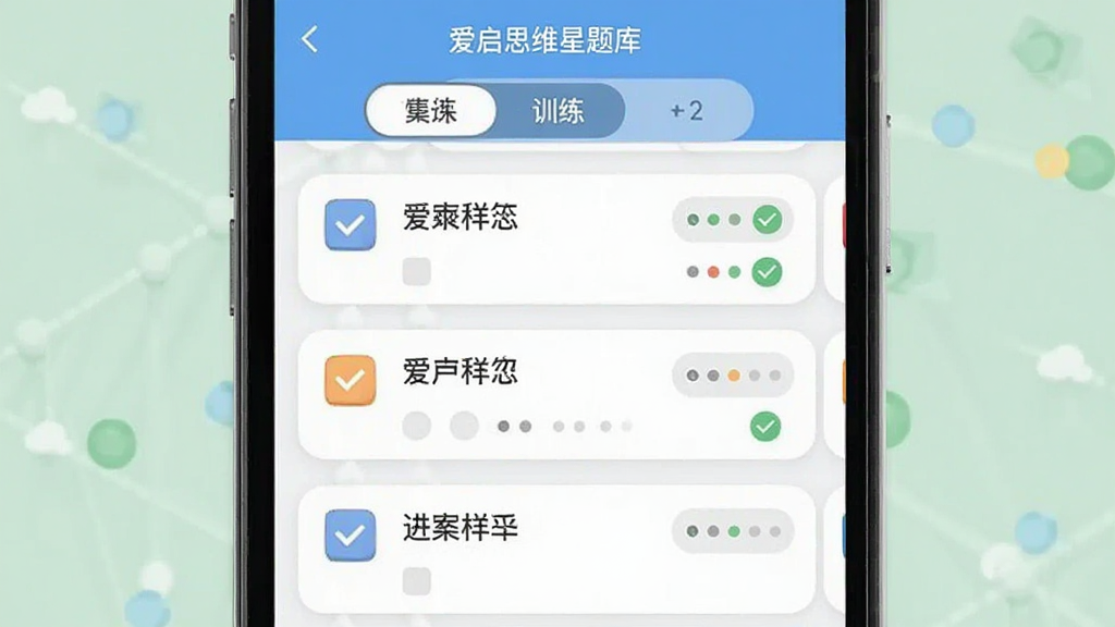 一张表现爱启思维星题库界面的示意图,主体为手机屏幕中排列整齐的关卡卡片,卡片上有图标和简短文字标签,布局为纵向列表、顶部显示训练类别切换栏,风格为清爽的扁平化UI展示,细节包括勾选状态和进度小圆点,画质干净,无多余元素