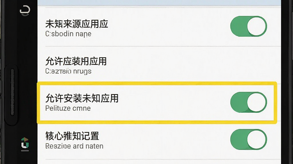 一张展示安卓手机安装未知来源应用设置界面的示意图,主体为手机屏幕中权限开关页面,布局为纵向设置列表、高亮标注「允许安装未知应用」开关位置,风格为教程类UI截图插画,细节包括开关状态和文字标签,画质干净清晰,无多余元素