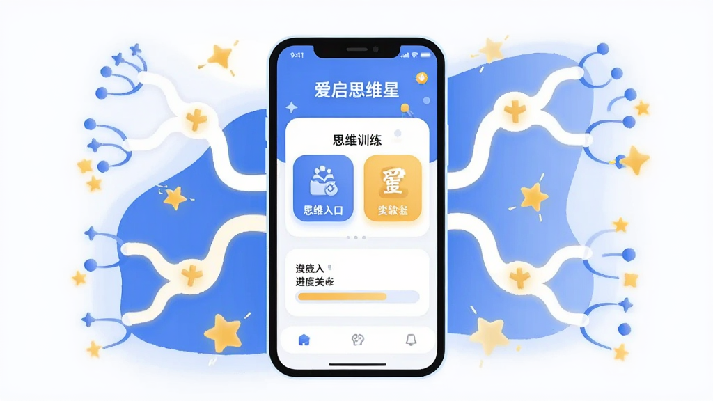 一张展示爱启思维星软件核心全貌的插画,主体是一部手机屏幕中显示爱启思维星的主界面,界面包含思维训练关卡入口和进度条,布局为手机居中、周围环绕抽象的思维导图线条和星星元素,排版简洁,风格为现代扁平化插画,细节圆润、色彩以蓝白为主点缀暖黄,画质干净清晰,无多余元素