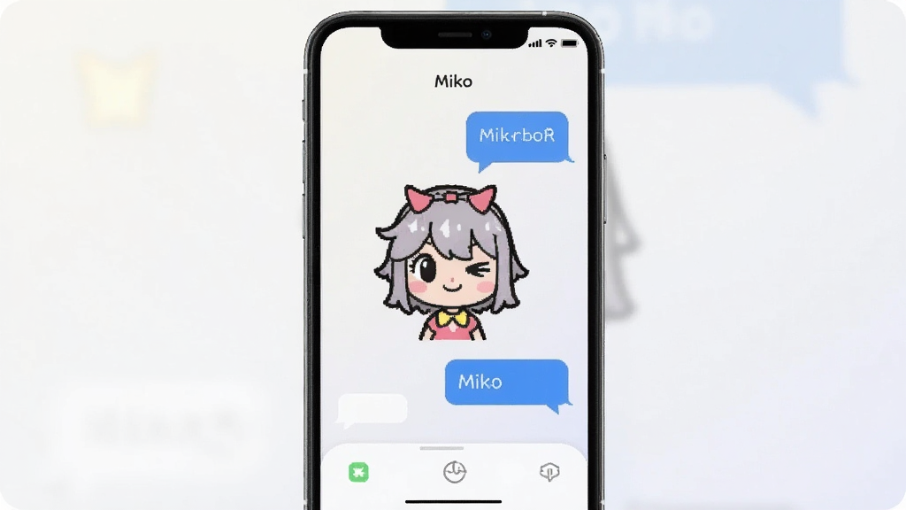一张展示Miko应用主界面的手机屏幕截图,画面中央是Miko的卡通形象与聊天气泡,背景是干净的浅色渐变,风格简洁现代,细节清晰,画质干净无多余元素