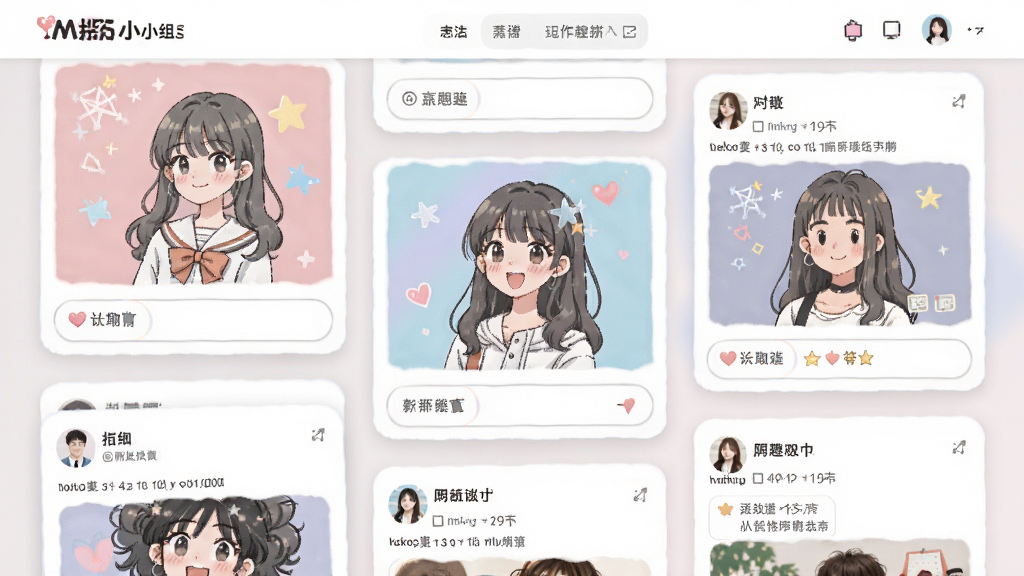 一张Miko兴趣小组页面的示意图,画面中展示着不同主题的小组卡片和用户发布的动态,布局错落有致,风格年轻化,色彩柔和,画质清晰