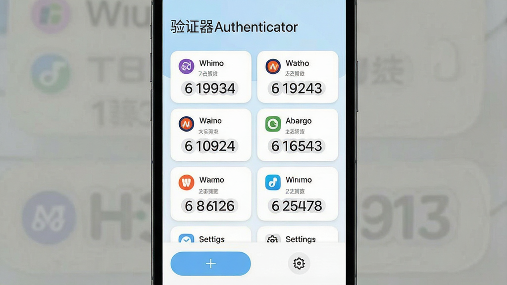 һ��չʾ��֤��Authenticator��������ȫò���ֻ������ͼ�������������ֻ���Ļ����Ļ����ʾ����֤��AuthenticatorӦ�õ������棬�����沼��������������Ӧ�����ơ���֤��Authenticator�����м����������Ŷ����֤�뿨Ƭ��ÿ����Ƭ����ʾ����վͼ�ꡢ�˺����ƺ�6λ��̬��֤�����֣��ײ������Ӱ�ť��������ڣ����������ִ����԰�ɫ��ǳ��ɫΪ��ɫ����ͼ��Բ��û�ж���װ��Ԫ�أ����ʸɾ������������ұ���