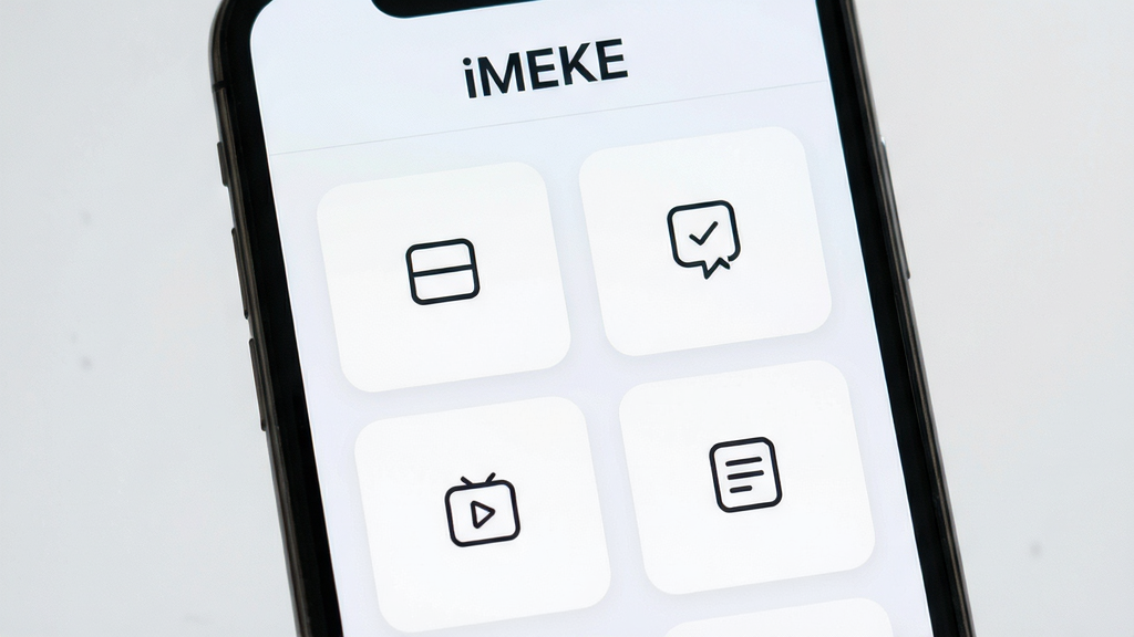iMEKE����������д������Ϊ�ֻ���Ļ��ʾ���ܿ�Ƭ�б�������Ϊ���·ֲ㣬�Ϸ��ǡ�iMEKE�����������·������й������ͼ�꣬�Ű�Գ����룬���Ϊ��ˬ��ƽ�磬ϸ�ڰ���Բ�Ǿ��ο�Ƭ��ǳɫ�������������ͼ�꣬��������������ɾ����޶���Ԫ��