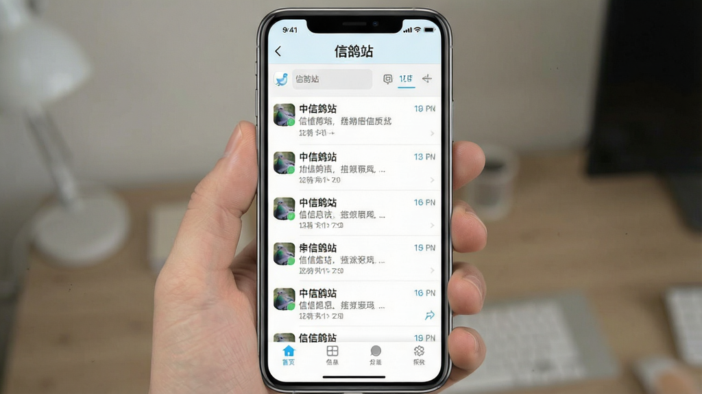 一张展示信鸽站软件核心全貌的手机应用界面截图,画面中央是信鸽站主聊天列表界面,顶部有“信鸽站”字样,界面采用浅色清爽风格,布局包含消息列表、底部导航栏,整体干净整洁,画质清晰,无多余元素
