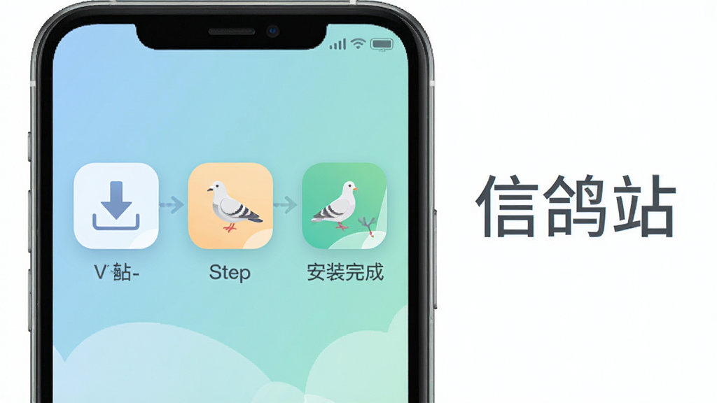 一张信鸽站软件安装步骤示意图,画面展示手机屏幕上从下载到安装完成的三个步骤图标,旁边有“信鸽站”文字标识,风格简洁明快,色彩柔和,画质清晰干净