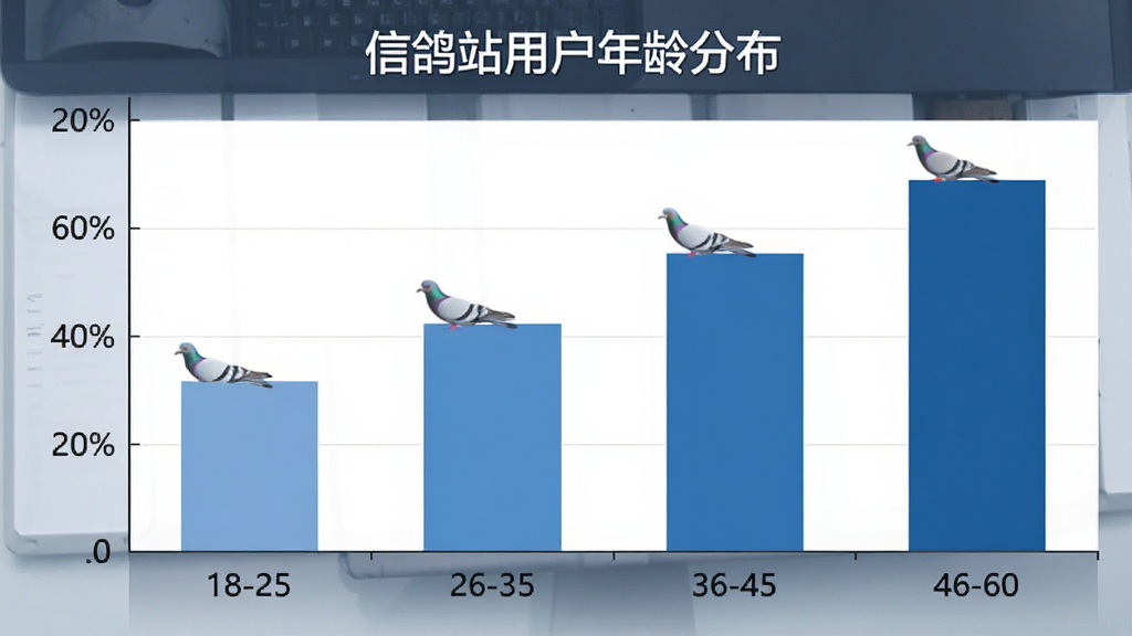 一张信鸽站用户年龄分布柱状图,横轴为年龄段18-25、26-35、36-45、46-60,纵轴为用户占比,柱状图颜色统一为蓝色系,图表上方标注“信鸽站用户年龄分布”,风格简洁商务,画质干净