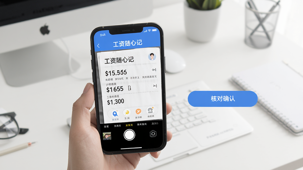 主体是工资随心记的工资条识别功能演示,手机屏幕显示拍摄工资条后自动提取金额信息的界面,旁边有核对确认按钮,界面以蓝色和白色为主色调,背景是简洁的办公桌面,风格现代扁平化设计,细节清晰,画质干净无多余元素,图片中文字包含