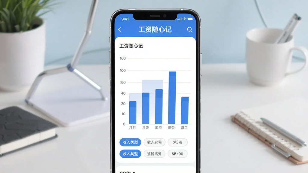 主体是工资随心记的统计页面,手机屏幕中央展示月度收入柱状图,柱子高低错落有致,下方有收入类型筛选标签,界面以蓝色和白色为主色调,背景是简约的书桌场景,风格现代扁平化设计,细节精致,画质干净清晰,图片中文字包含