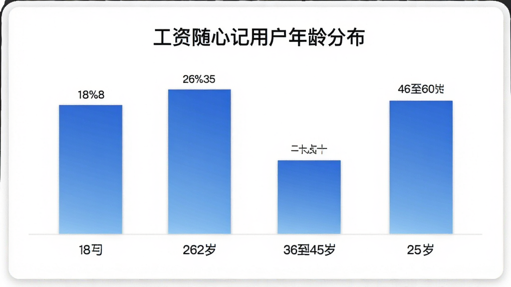 主体是一个横向柱状图展示工资随心记用户年龄分布,18到25岁占百分之十八,26到35岁占百分之三十八,36到45岁占百分之二十六,46到60岁占百分之十八,柱状图配色为蓝色渐变,背景为白色卡片式布局,风格简洁商务,细节清晰,画质干净无多余元素,图片中文字包含