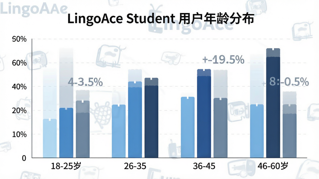 һ��չʾLingoAce Student�û�����ֲ�����״ͼ�������ע����ηֱ�Ϊ18-25�ꡢ26-35�ꡢ36-45�ꡢ46-60�꣬����Ϊ����ռ�ȣ���״ͼ��ɫ�ֱ�Ϊǳ����������������������ͼ���Ϸ���