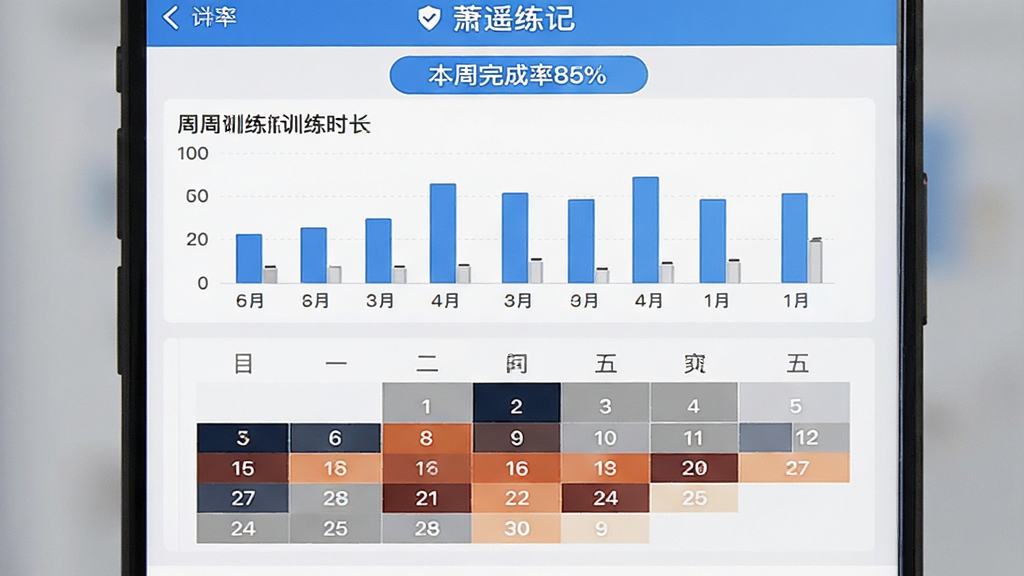 一张手机应用统计页面展示图,画面中“萧遥练记”的统计界面以柱状图展示一周训练时长,下方有日历热力图用深浅色块表示打卡密度,顶部有“本周完成率85%”的文字标签,整体配色为蓝白灰,图表清晰,文字为中文,画质干净,布局规整