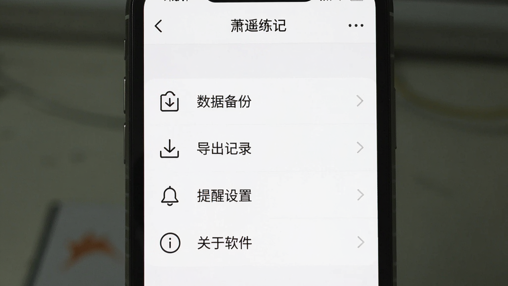 一张手机应用设置页面截图,画面中“萧遥练记”的设置界面包含“数据备份”“导出记录”“提醒设置”“关于软件”等选项列表,背景为白色,图标为线性风格,文字为中文,布局简洁,画质干净