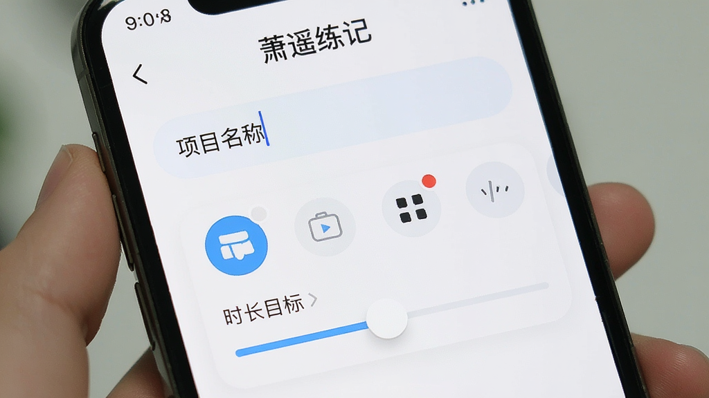 一张手机屏幕特写图,展示“萧遥练记”的自定义训练项目创建界面,画面中有输入框写着“项目名称”,下方有图标选择区域和时长目标滑块,背景为浅色,按钮为圆角矩形,整体风格简洁明快,文字为中文,画质干净无杂乱元素