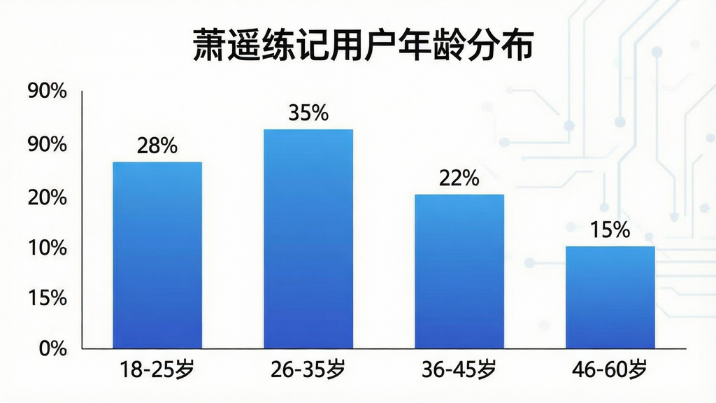 一张柱状图信息图,标题为“萧遥练记用户年龄分布”,横轴为年龄段“18-25岁”“26-35岁”“36-45岁”“46-60岁”,纵轴为百分比,柱体颜色为蓝色渐变,数据标签显示“28%”“35%”“22%”“15%”,整体风格简洁商务,文字为中文,画质干净清晰
