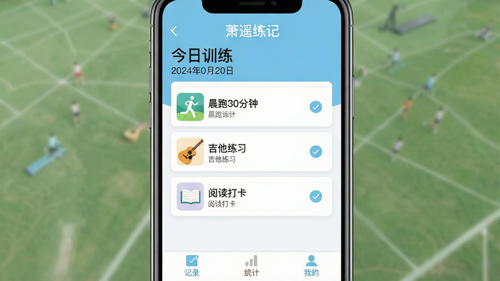 一张手机应用界面展示图,画面中央是“萧遥练记”APP的主界面,顶部显示“今日训练”标题和日期,中间是训练项目卡片列表包含“晨跑30分钟”“吉他练习”“阅读打卡”等条目,每条右侧有勾选圆圈,底部为“记录”“统计”“我的”三个简洁标签栏,整体采用浅蓝与白色配色,扁平化设计风格,布局清爽,文字使用中文,画质干净清晰,无多余装饰元素