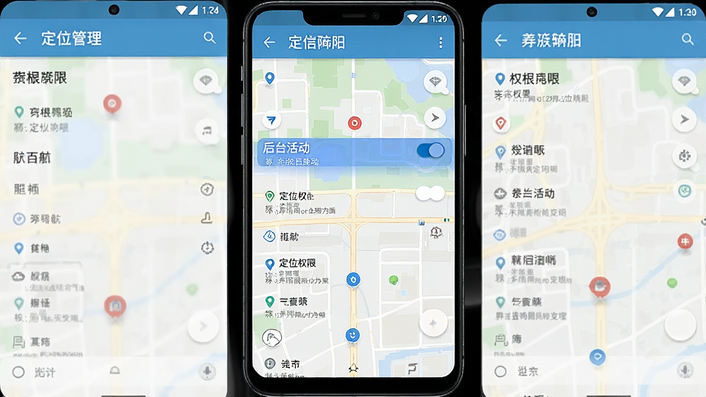 一张手机设置界面的截图风格图片,展示高阶地图导航的权限管理页面,画面中高亮标注“定位权限”和“后台活动”两个选项开关,界面为安卓系统设置风格,背景干净整洁,画质清晰,无多余图标干扰