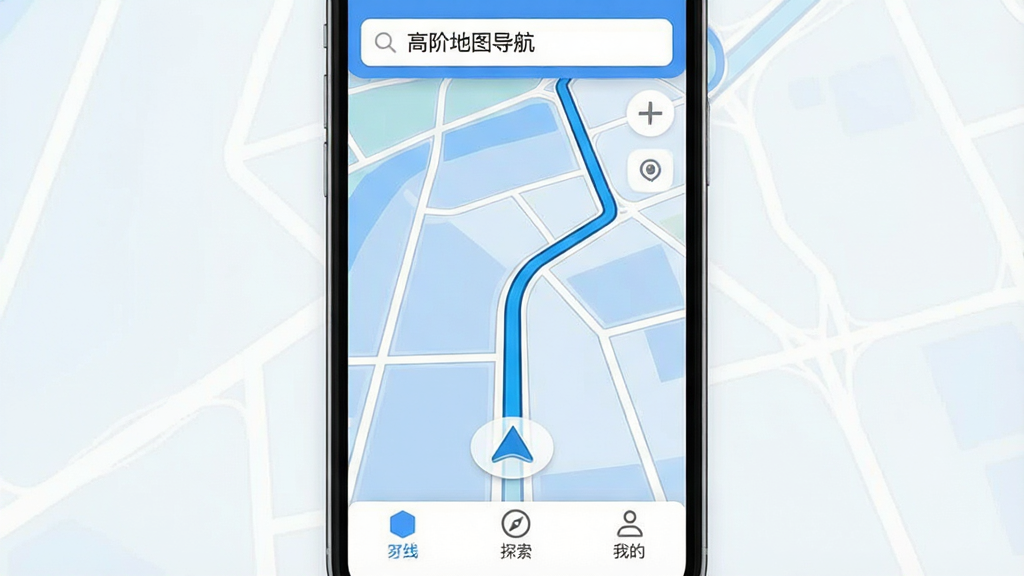 一张手机屏幕展示高阶地图导航APP主界面的图片,画面中央是简洁的蓝白色地图界面,一条醒目的导航路线从底部延伸至顶部,顶部搜索栏显示“高阶地图导航”字样,底部有路线、探索、我的三个图标按钮,整体风格清爽扁平,画质干净清晰,无多余装饰元素