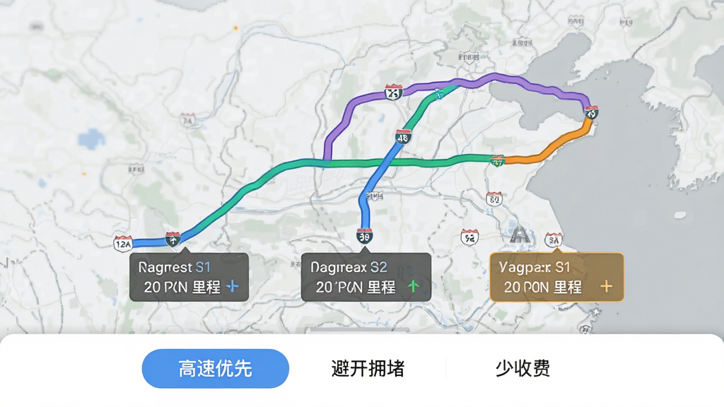一张展示高阶地图导航多路线规划界面的图片,屏幕上同时呈现三条不同颜色的路线方案,每条路线旁标注预计时间和里程数字,界面底部有“高速优先”“避开拥堵”“少收费”三个选项标签,背景为浅灰色地图底图,风格简洁现代,画质干净无杂乱元素