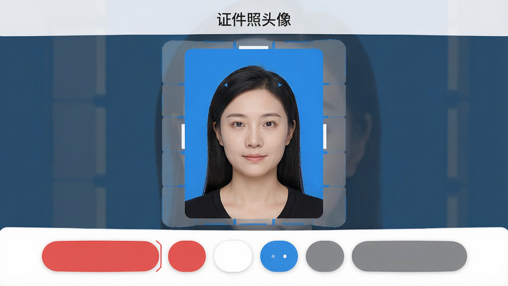 一张手机应用界面展示图,画面中央是一张正在编辑的证件照,人物半身像清晰,背景为纯蓝色,界面底部排列着红白蓝灰四种底色选项按钮,顶部有“证件照头像”文字标识,整体布局简洁,风格现代扁平,细节圆润,画质干净无多余元素